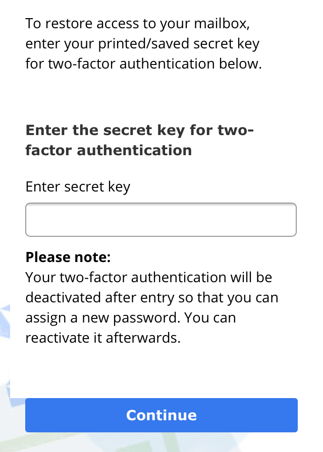 Screenshot of prompt to enter secret key during password recovery process